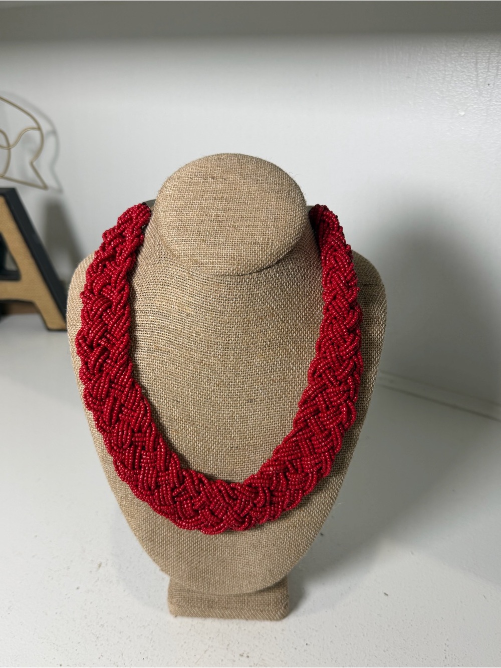 Red Corral Bead  Statement Necklace Chunky Braided Seed Bead Collar Bib Necklace